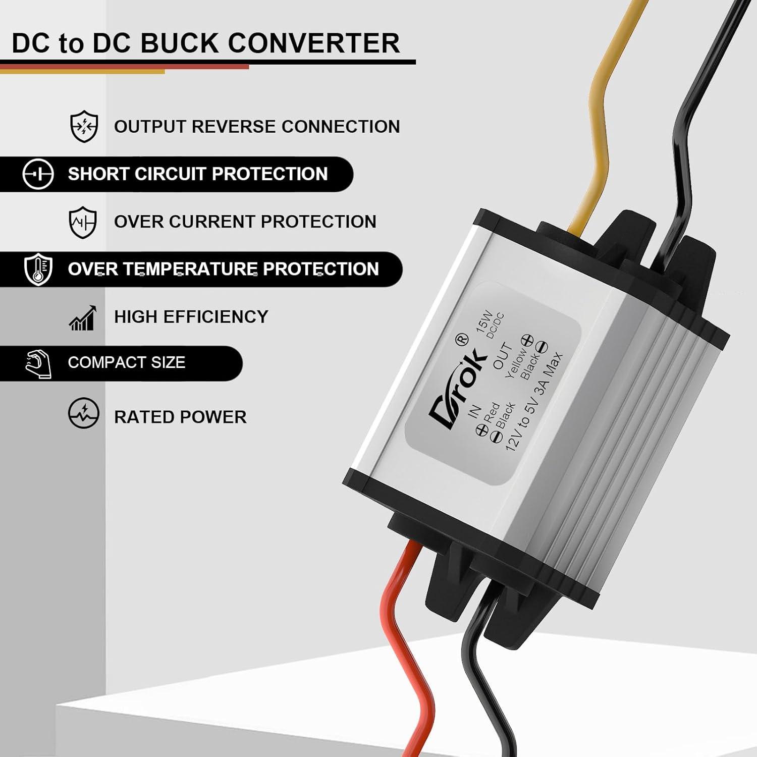 imageDROK 12v to 5v Volt Converter DC 835V to 5V 3A 15W Voltage Regulator Board Power Supply Module 9V 12V 24V Waterproof Car Volt Step Down Buck Converter