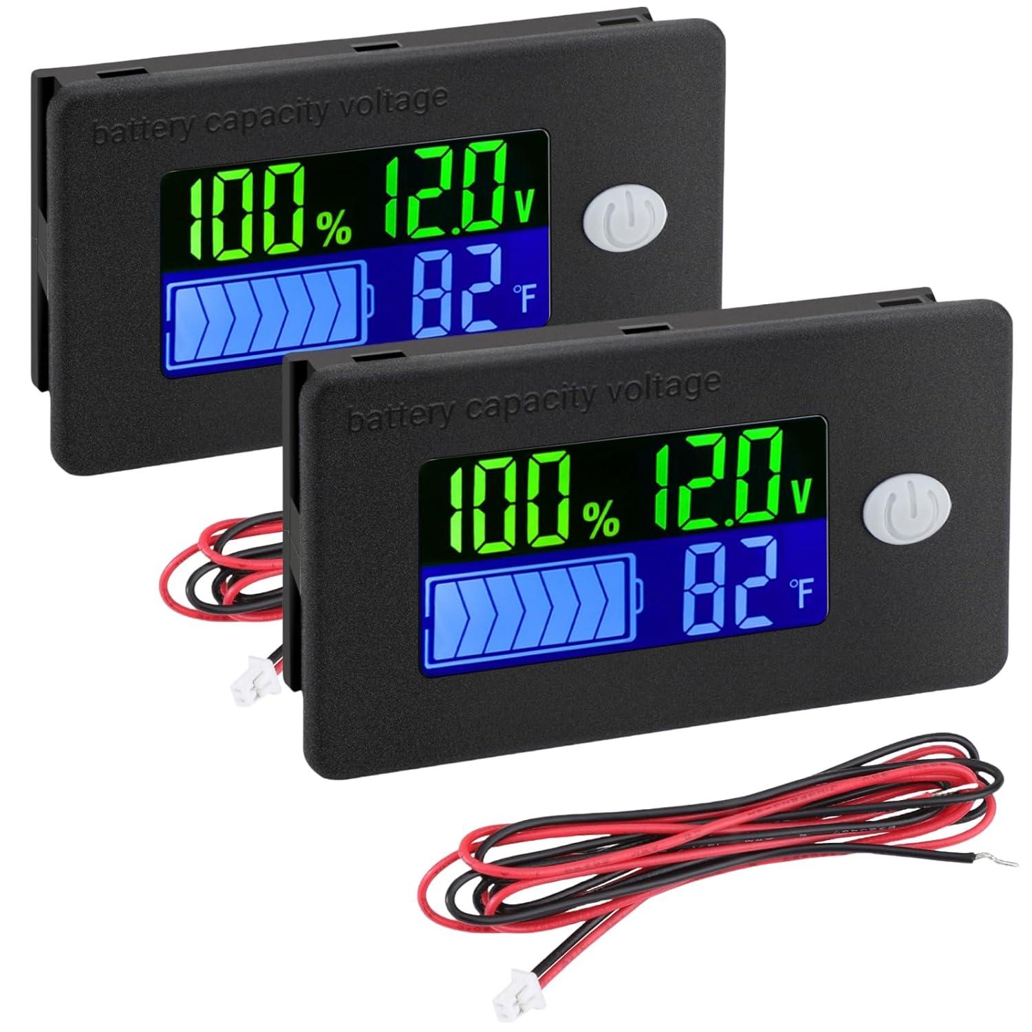 imageDROK 2pcs 12V Battery Capacity Monitor 10100V 24V 36V 48V Digital Battery Status Tester Meter Remaining Percentage Level Voltage Power Indicator Panel Gauge for Marine RV Fahrenheit TemperaturBlack