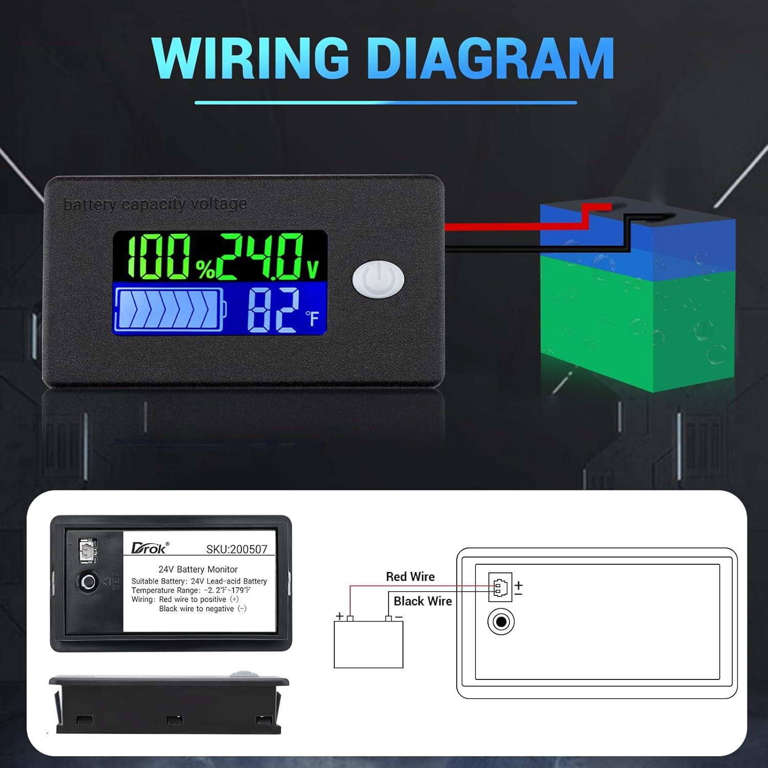 imageDROK 2pcs 12V Battery Capacity Monitor 10100V 24V 36V 48V Digital Battery Status Tester Meter Remaining Percentage Level Voltage Power Indicator Panel Gauge for Marine RV Fahrenheit TemperaturBlack