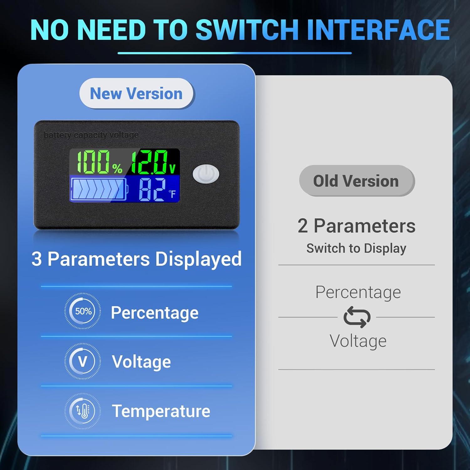 imageDROK 2pcs 12V Battery Capacity Monitor 10100V 24V 36V 48V Digital Battery Status Tester Meter Remaining Percentage Level Voltage Power Indicator Panel Gauge for Marine RV Fahrenheit TemperaturBlack
