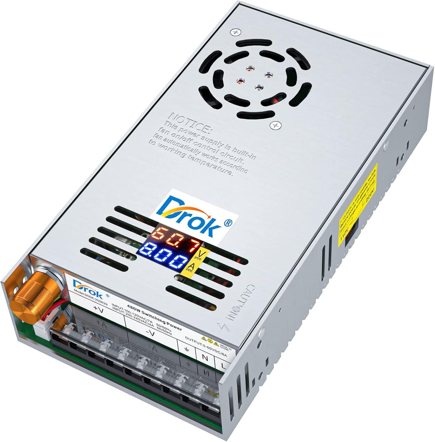 imageDROK 48V Power Supply AC 110V220V to DC 048V 10A 480W Buck Converter Adjustable Variable LED Adapter Regulated 5V 12V 24V 30V 36V 48V Volt Voltage Transformer 10A Amp Charger for Lab CCTVDual Display Fix Current