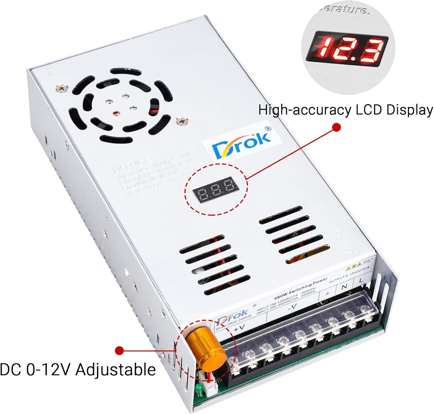 imageDROK 48V Power Supply AC 110V220V to DC 048V 10A 480W Buck Converter Adjustable Variable LED Adapter Regulated 5V 12V 24V 30V 36V 48V Volt Voltage Transformer 10A Amp Charger for Lab CCTVSingle Display Fix Current