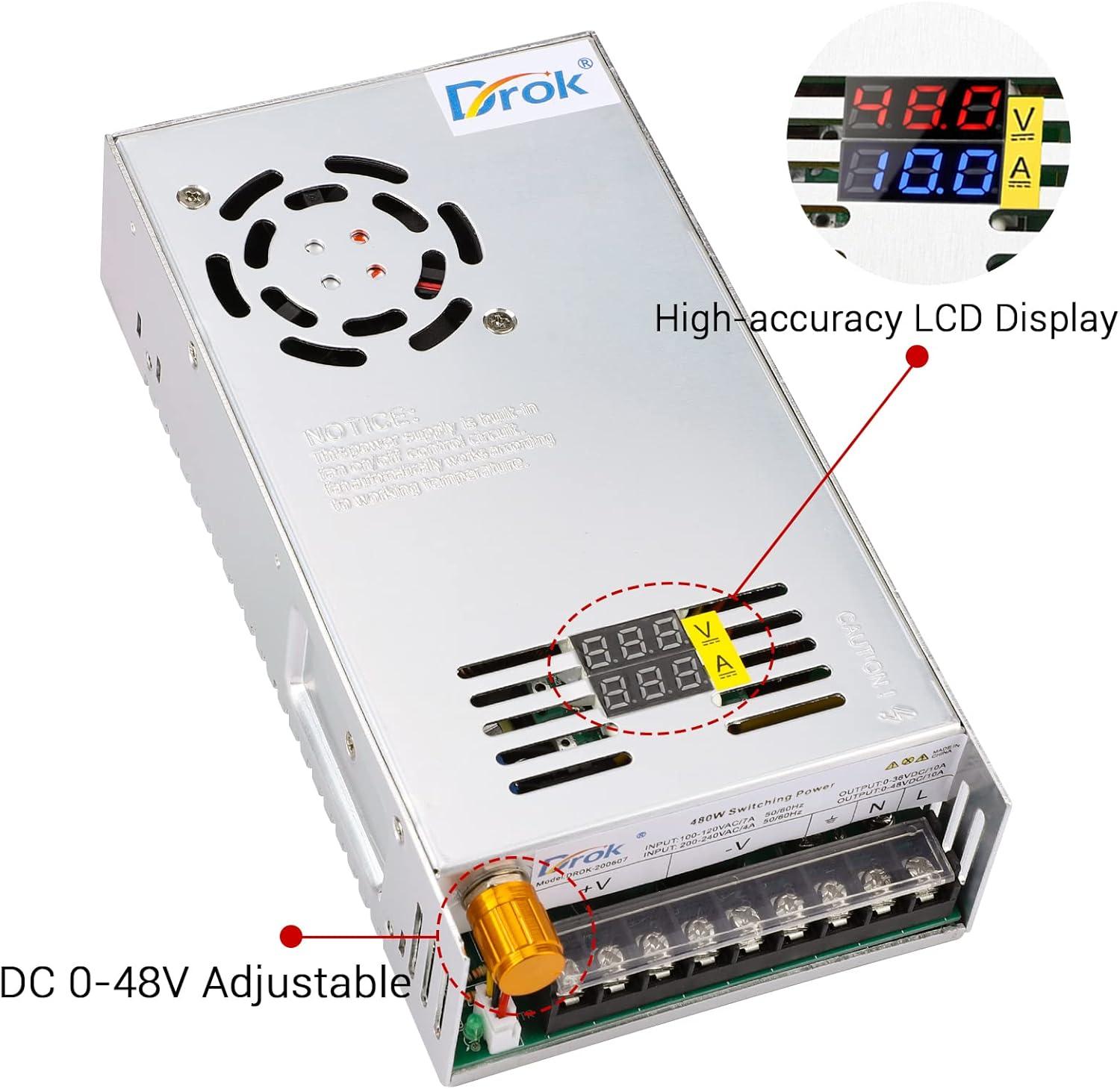 imageDROK 48V Power Supply AC 110V220V to DC 048V 10A 480W Buck Converter Adjustable Variable LED Adapter Regulated 5V 12V 24V 30V 36V 48V Volt Voltage Transformer 10A Amp Charger for Lab CCTVDual Display Fix Current