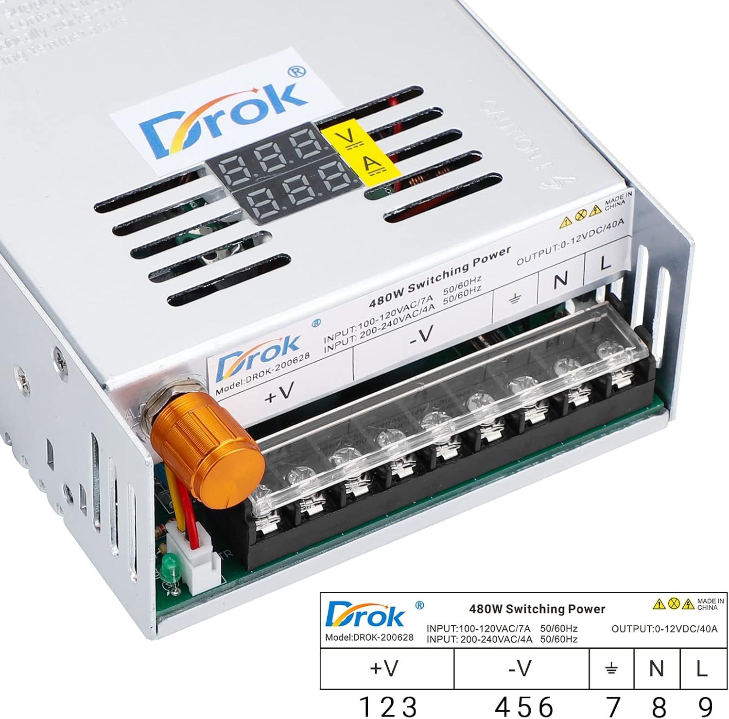 imageDROK 48V Power Supply AC 110V220V to DC 048V 10A 480W Buck Converter Adjustable Variable LED Adapter Regulated 5V 12V 24V 30V 36V 48V Volt Voltage Transformer 10A Amp Charger for Lab CCTVDual Display Fix Current