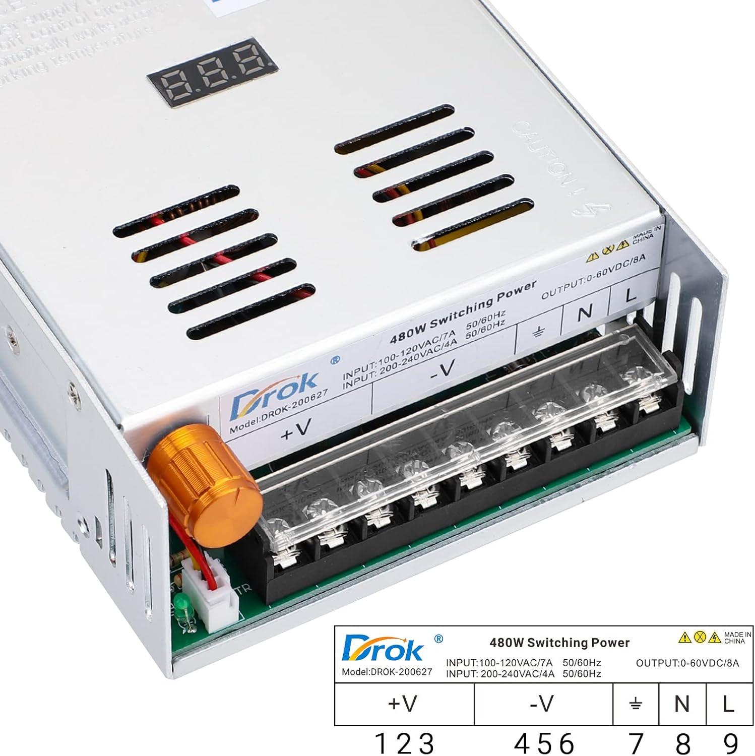 imageDROK 48V Power Supply AC 110V220V to DC 048V 10A 480W Buck Converter Adjustable Variable LED Adapter Regulated 5V 12V 24V 30V 36V 48V Volt Voltage Transformer 10A Amp Charger for Lab CCTVSingle Display Fix Current