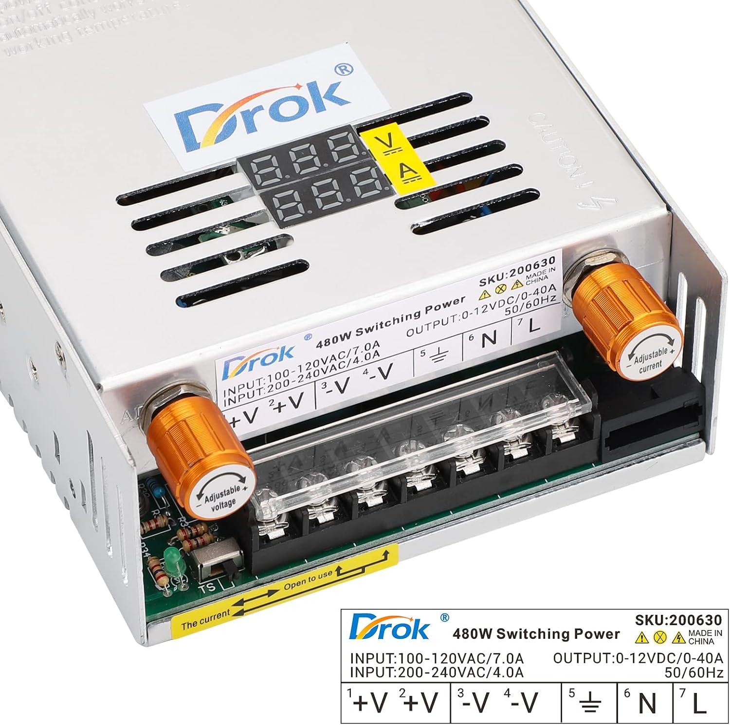 imageDROK 48V Power Supply AC 110V220V to DC 048V 10A 480W Buck Converter Adjustable Variable LED Adapter Regulated 5V 12V 24V 30V 36V 48V Volt Voltage Transformer 10A Amp Charger for Lab CCTVDual Display Current Adjustable