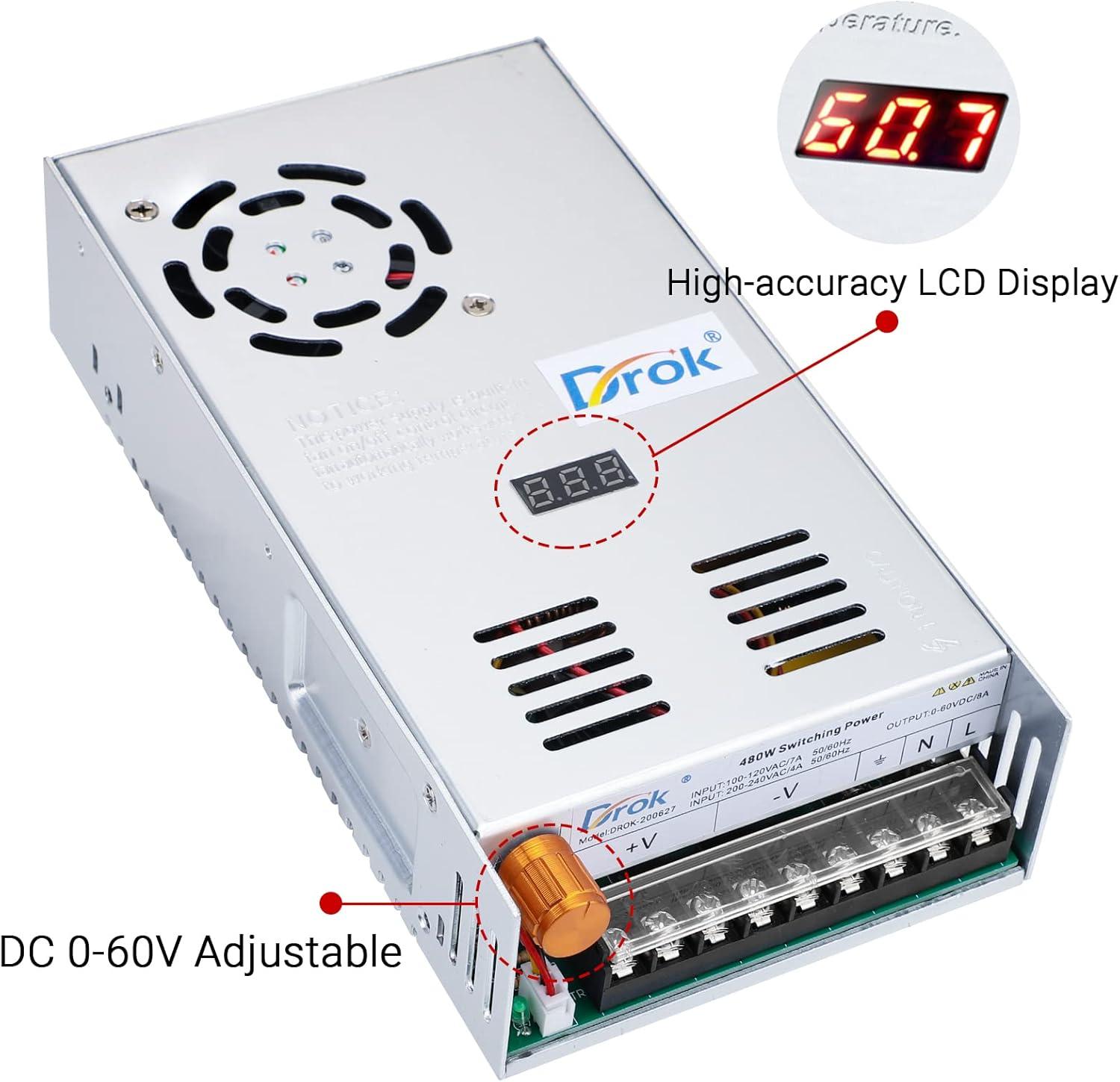 imageDROK 48V Power Supply AC 110V220V to DC 048V 10A 480W Buck Converter Adjustable Variable LED Adapter Regulated 5V 12V 24V 30V 36V 48V Volt Voltage Transformer 10A Amp Charger for Lab CCTVSingle Display Fix Current
