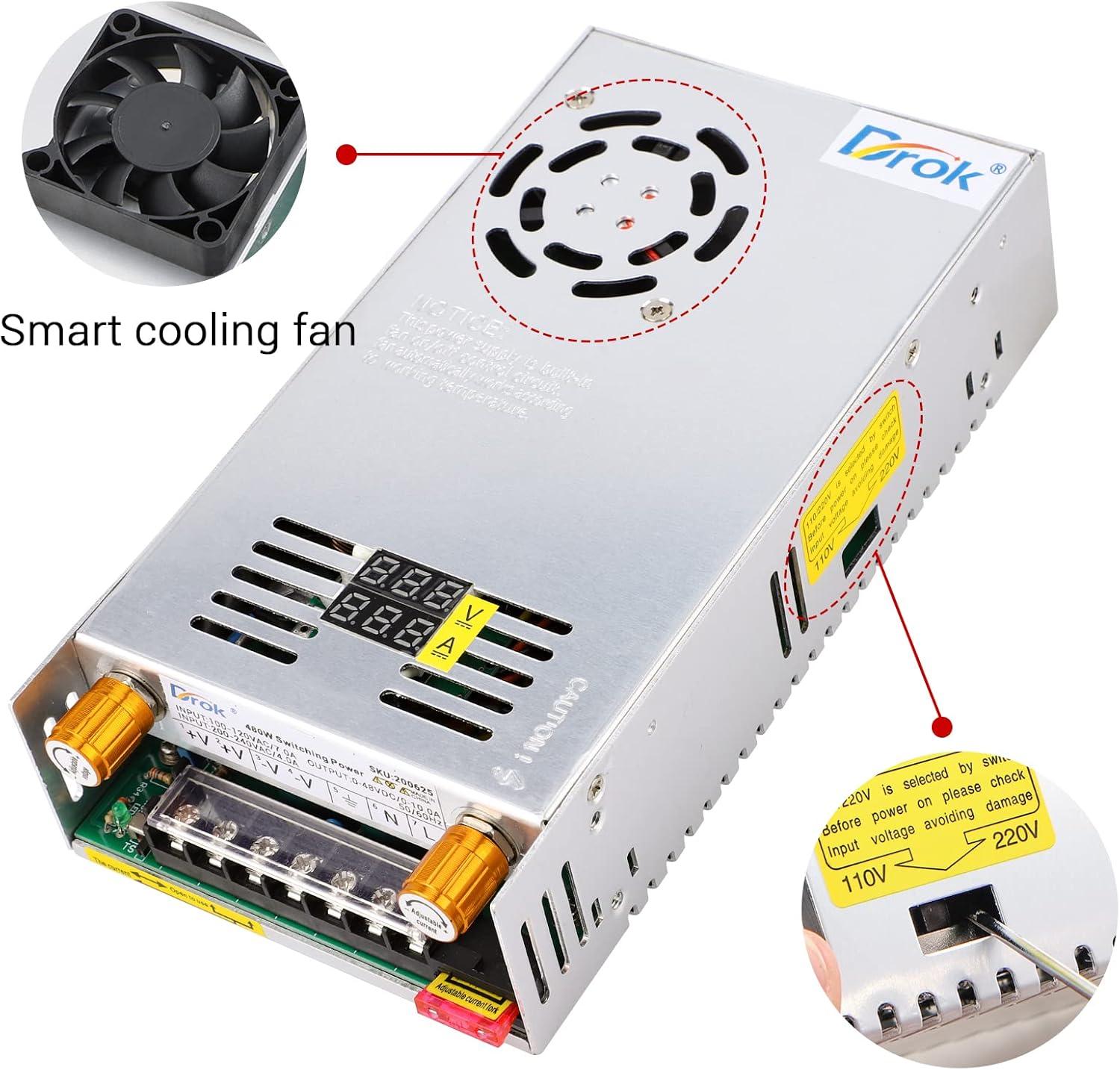 imageDROK 48V Power Supply AC 110V220V to DC 048V 10A 480W Buck Converter Adjustable Variable LED Adapter Regulated 5V 12V 24V 30V 36V 48V Volt Voltage Transformer 10A Amp Charger for Lab CCTVDual Display Current Adjustable