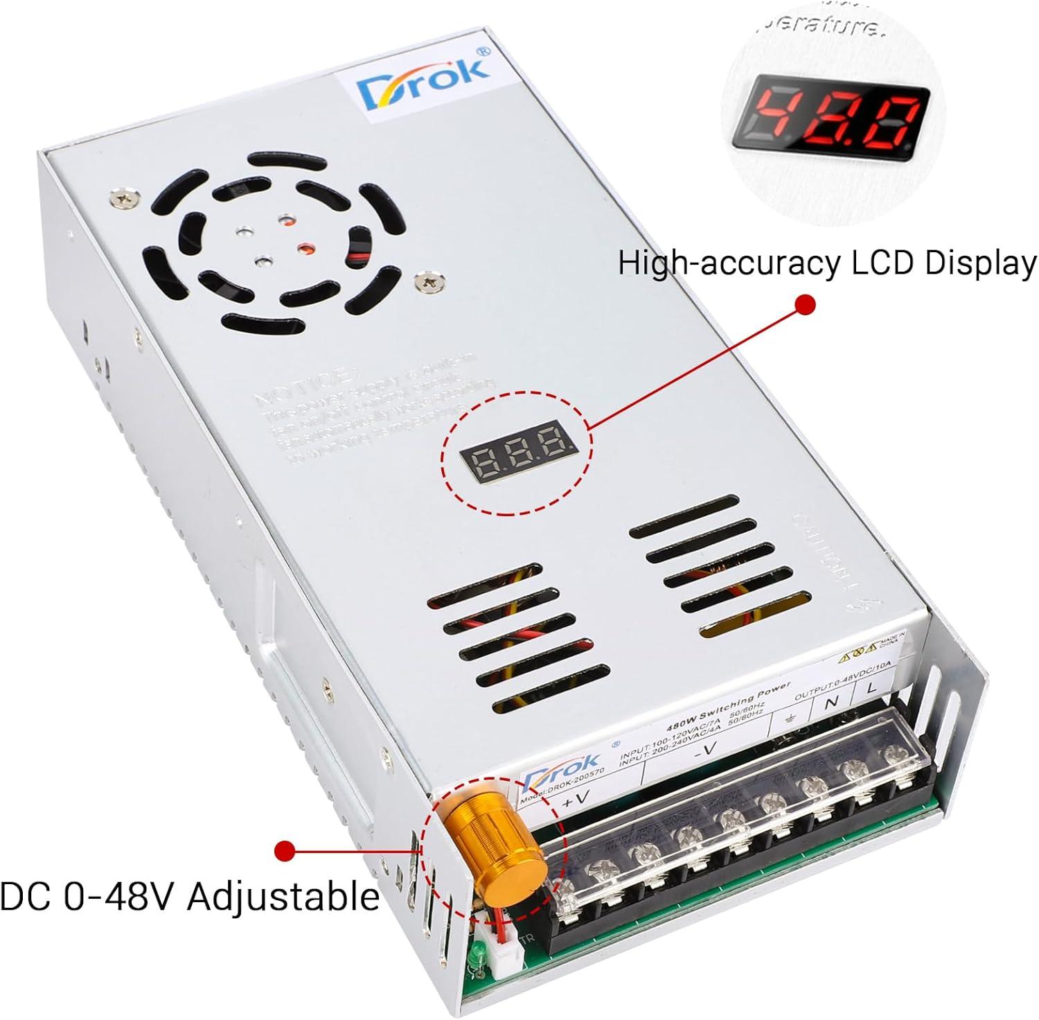 imageDROK 48V Power Supply AC 110V220V to DC 048V 10A 480W Buck Converter Adjustable Variable LED Adapter Regulated 5V 12V 24V 30V 36V 48V Volt Voltage Transformer 10A Amp Charger for Lab CCTVSingle Display Fix Current