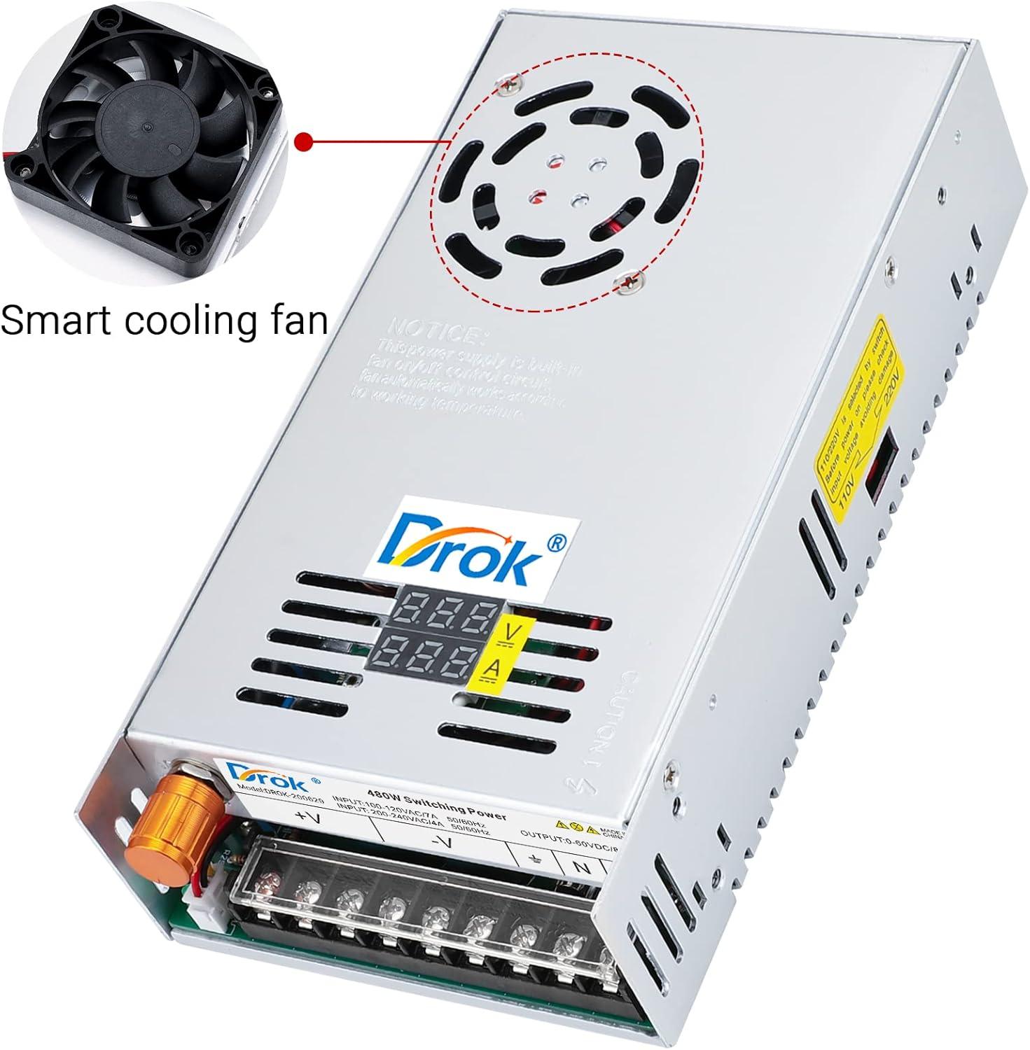 imageDROK 48V Power Supply AC 110V220V to DC 048V 10A 480W Buck Converter Adjustable Variable LED Adapter Regulated 5V 12V 24V 30V 36V 48V Volt Voltage Transformer 10A Amp Charger for Lab CCTVDual Display Fix Current
