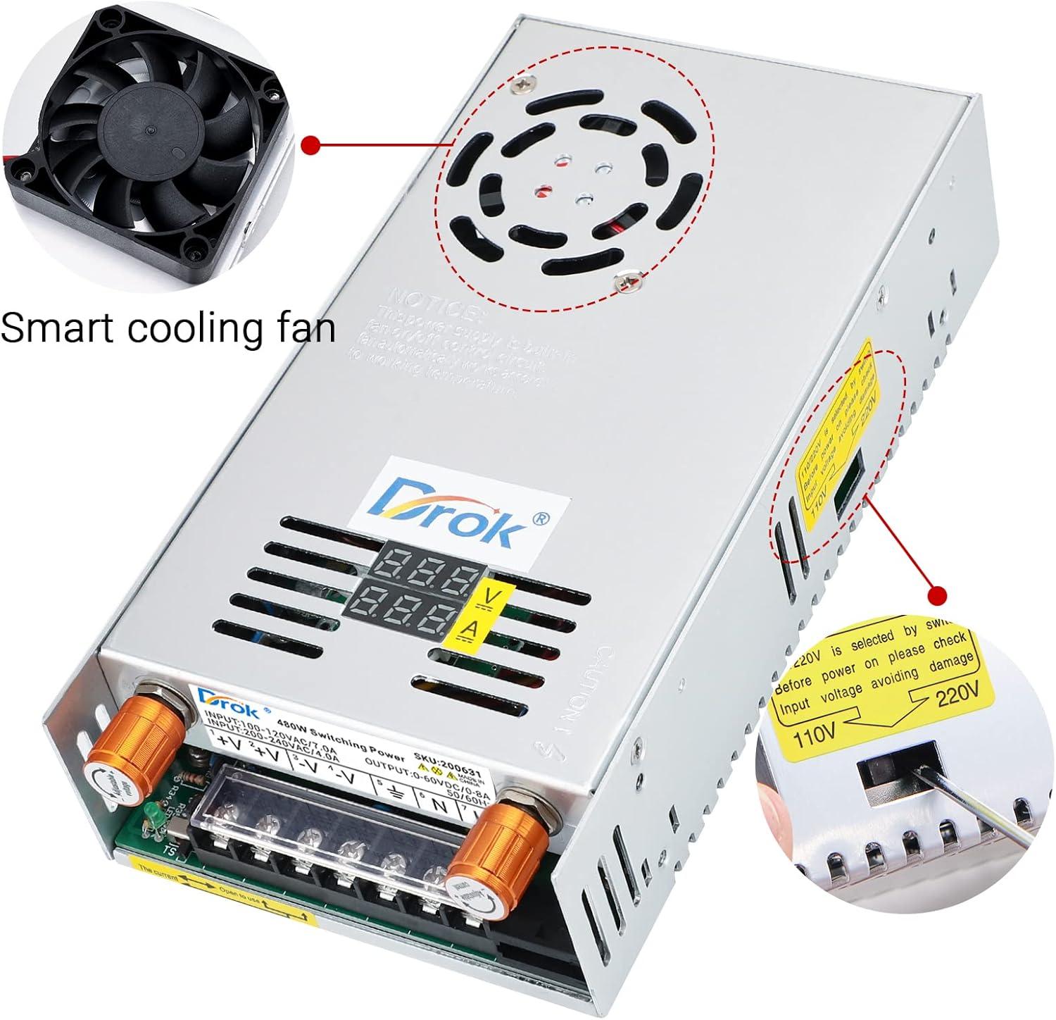 imageDROK 48V Power Supply AC 110V220V to DC 048V 10A 480W Buck Converter Adjustable Variable LED Adapter Regulated 5V 12V 24V 30V 36V 48V Volt Voltage Transformer 10A Amp Charger for Lab CCTVDual Display Current Adjustable