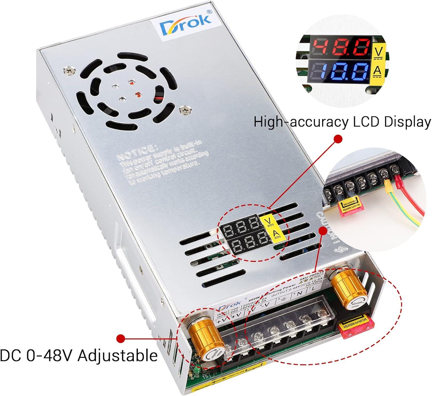 imageDROK 48V Power Supply AC 110V220V to DC 048V 10A 480W Buck Converter Adjustable Variable LED Adapter Regulated 5V 12V 24V 30V 36V 48V Volt Voltage Transformer 10A Amp Charger for Lab CCTVDual Display Current Adjustable