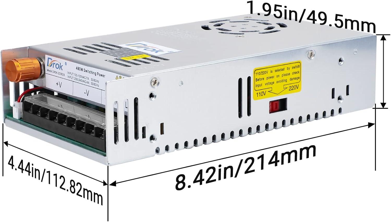 imageDROK 48V Power Supply AC 110V220V to DC 048V 10A 480W Buck Converter Adjustable Variable LED Adapter Regulated 5V 12V 24V 30V 36V 48V Volt Voltage Transformer 10A Amp Charger for Lab CCTVDual Display Fix Current