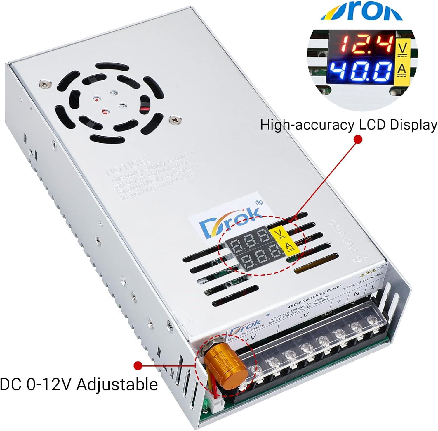 imageDROK 48V Power Supply AC 110V220V to DC 048V 10A 480W Buck Converter Adjustable Variable LED Adapter Regulated 5V 12V 24V 30V 36V 48V Volt Voltage Transformer 10A Amp Charger for Lab CCTVDual Display Fix Current