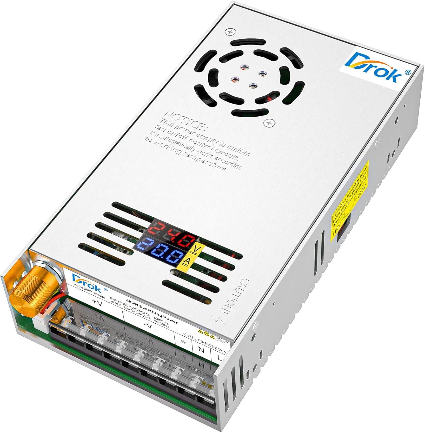 imageDROK 48V Power Supply AC 110V220V to DC 048V 10A 480W Buck Converter Adjustable Variable LED Adapter Regulated 5V 12V 24V 30V 36V 48V Volt Voltage Transformer 10A Amp Charger for Lab CCTVDual Display Fix Current