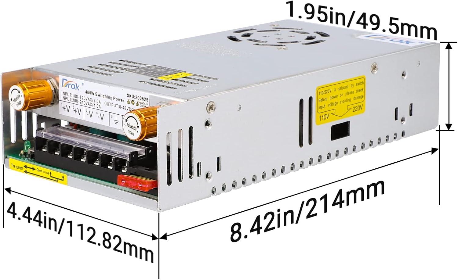 imageDROK 48V Power Supply AC 110V220V to DC 048V 10A 480W Buck Converter Adjustable Variable LED Adapter Regulated 5V 12V 24V 30V 36V 48V Volt Voltage Transformer 10A Amp Charger for Lab CCTVDual Display Current Adjustable