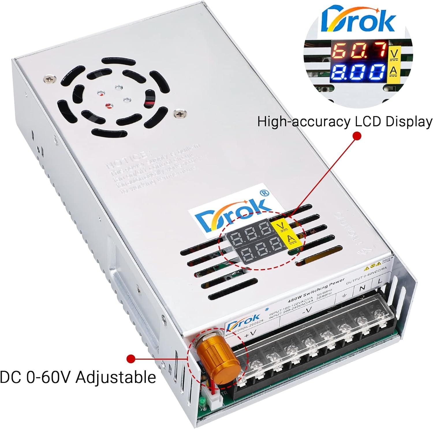 imageDROK 48V Power Supply AC 110V220V to DC 048V 10A 480W Buck Converter Adjustable Variable LED Adapter Regulated 5V 12V 24V 30V 36V 48V Volt Voltage Transformer 10A Amp Charger for Lab CCTVDual Display Fix Current