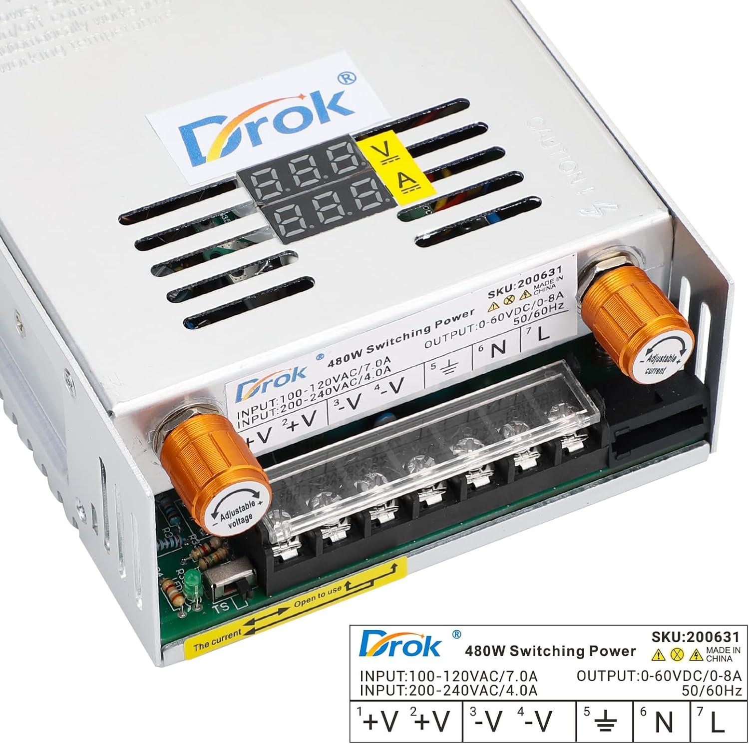 imageDROK 48V Power Supply AC 110V220V to DC 048V 10A 480W Buck Converter Adjustable Variable LED Adapter Regulated 5V 12V 24V 30V 36V 48V Volt Voltage Transformer 10A Amp Charger for Lab CCTVDual Display Current Adjustable