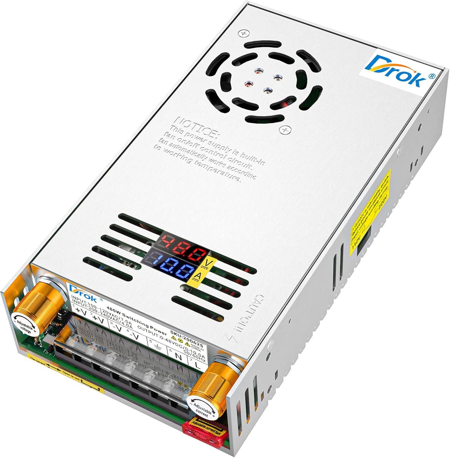 imageDROK 48V Power Supply AC 110V220V to DC 048V 10A 480W Buck Converter Adjustable Variable LED Adapter Regulated 5V 12V 24V 30V 36V 48V Volt Voltage Transformer 10A Amp Charger for Lab CCTVDual Display Current Adjustable