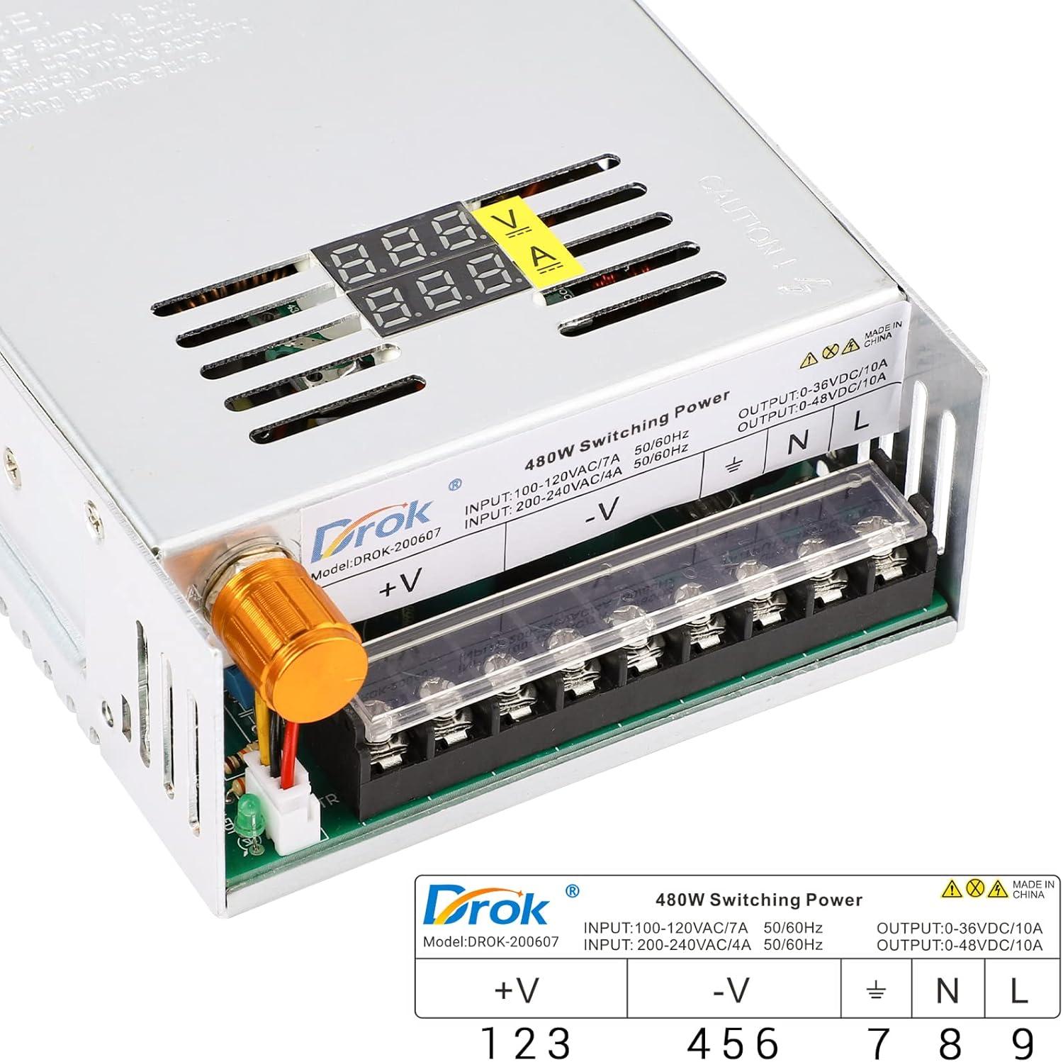 imageDROK 48V Power Supply AC 110V220V to DC 048V 10A 480W Buck Converter Adjustable Variable LED Adapter Regulated 5V 12V 24V 30V 36V 48V Volt Voltage Transformer 10A Amp Charger for Lab CCTVDual Display Fix Current