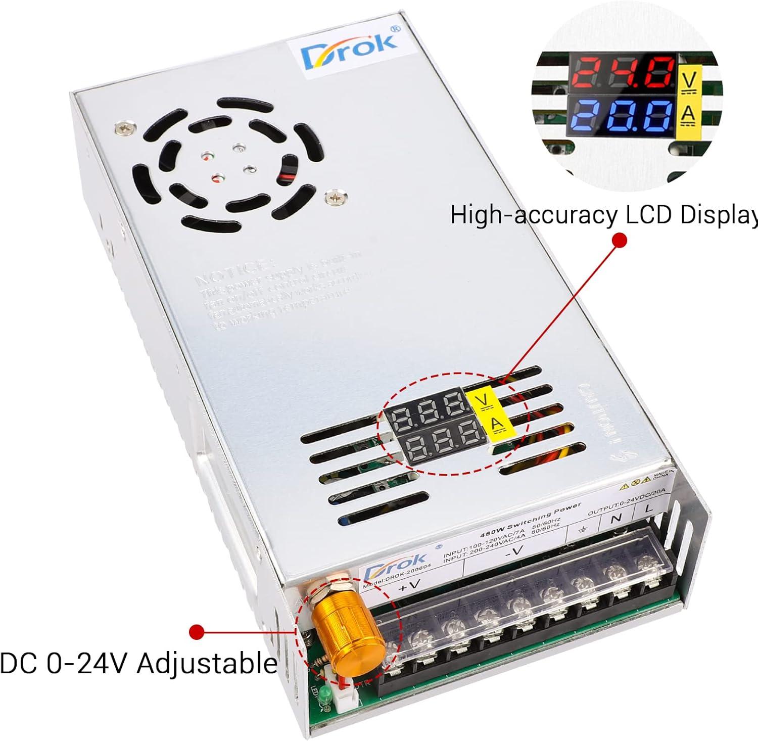 imageDROK 48V Power Supply AC 110V220V to DC 048V 10A 480W Buck Converter Adjustable Variable LED Adapter Regulated 5V 12V 24V 30V 36V 48V Volt Voltage Transformer 10A Amp Charger for Lab CCTVDual Display Fix Current