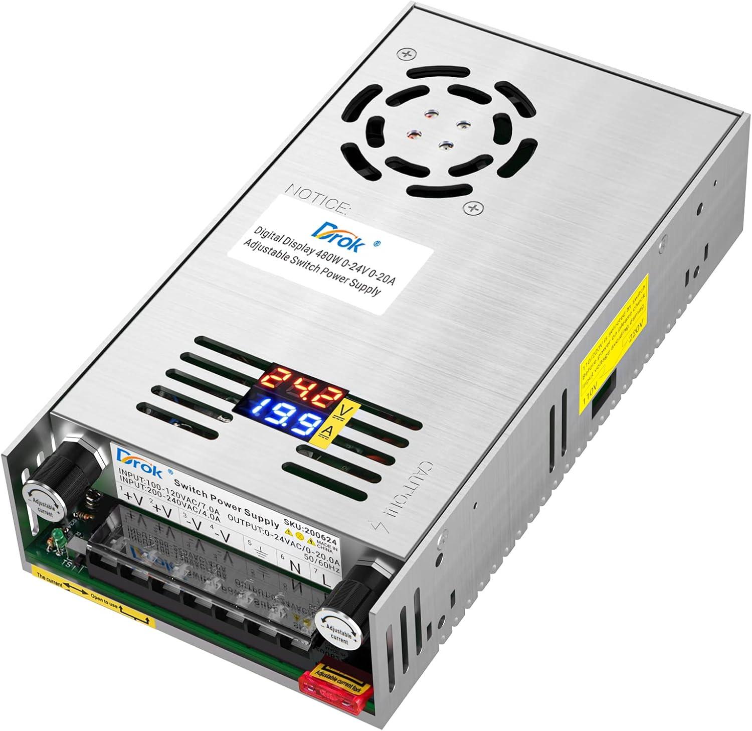 imageDROK 48V Power Supply AC 110V220V to DC 048V 10A 480W Buck Converter Adjustable Variable LED Adapter Regulated 5V 12V 24V 30V 36V 48V Volt Voltage Transformer 10A Amp Charger for Lab CCTVDual Display Current Adjustable