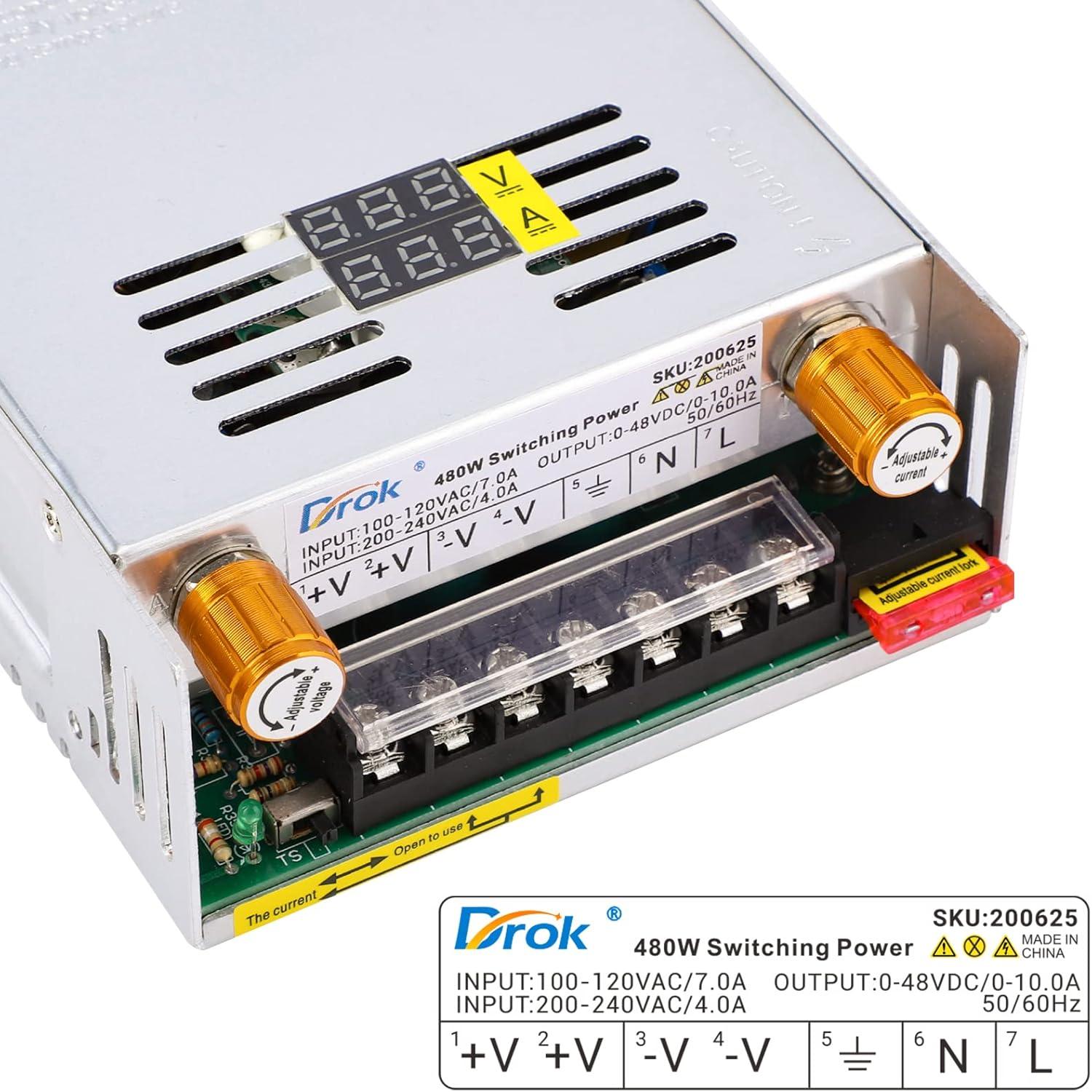 imageDROK 48V Power Supply AC 110V220V to DC 048V 10A 480W Buck Converter Adjustable Variable LED Adapter Regulated 5V 12V 24V 30V 36V 48V Volt Voltage Transformer 10A Amp Charger for Lab CCTVDual Display Current Adjustable