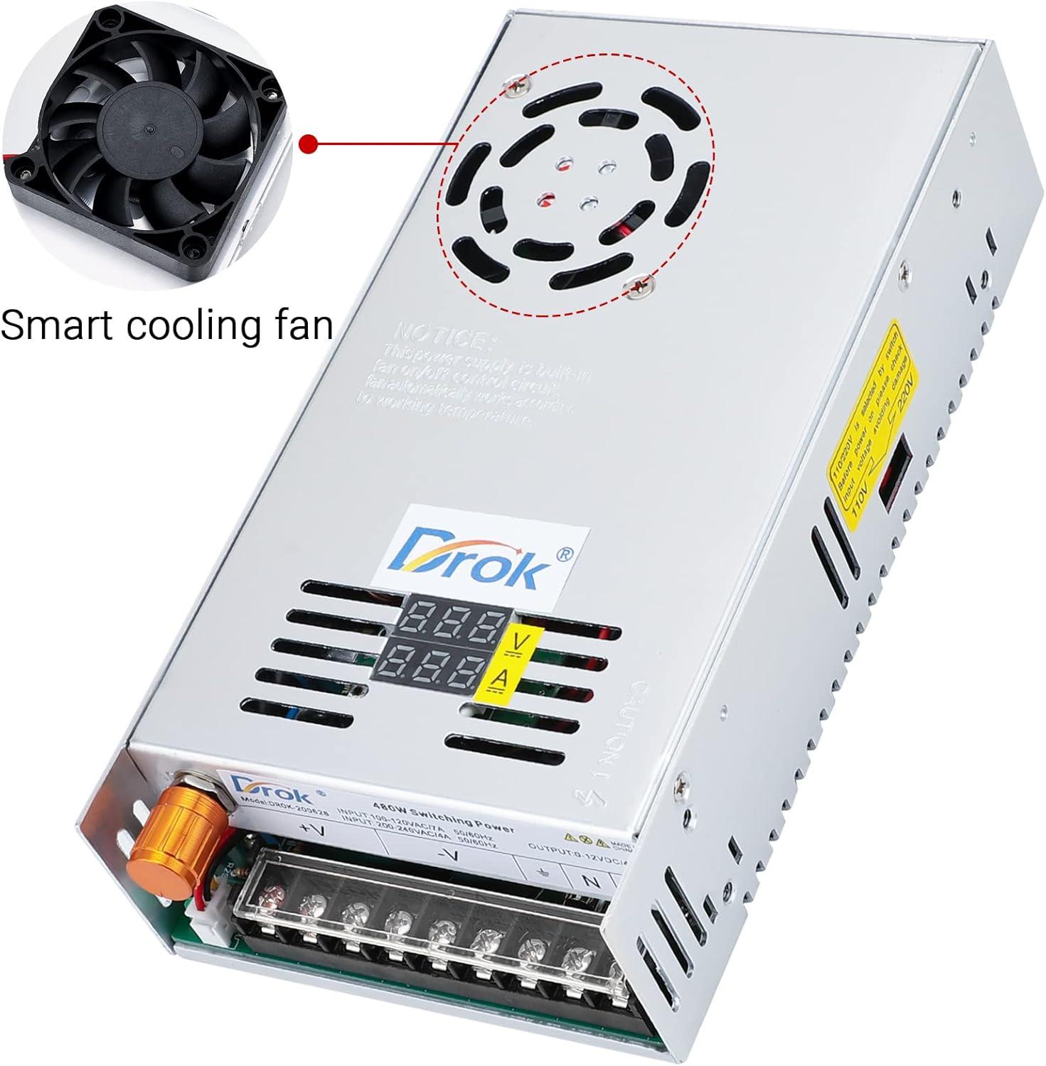 imageDROK 48V Power Supply AC 110V220V to DC 048V 10A 480W Buck Converter Adjustable Variable LED Adapter Regulated 5V 12V 24V 30V 36V 48V Volt Voltage Transformer 10A Amp Charger for Lab CCTVDual Display Fix Current