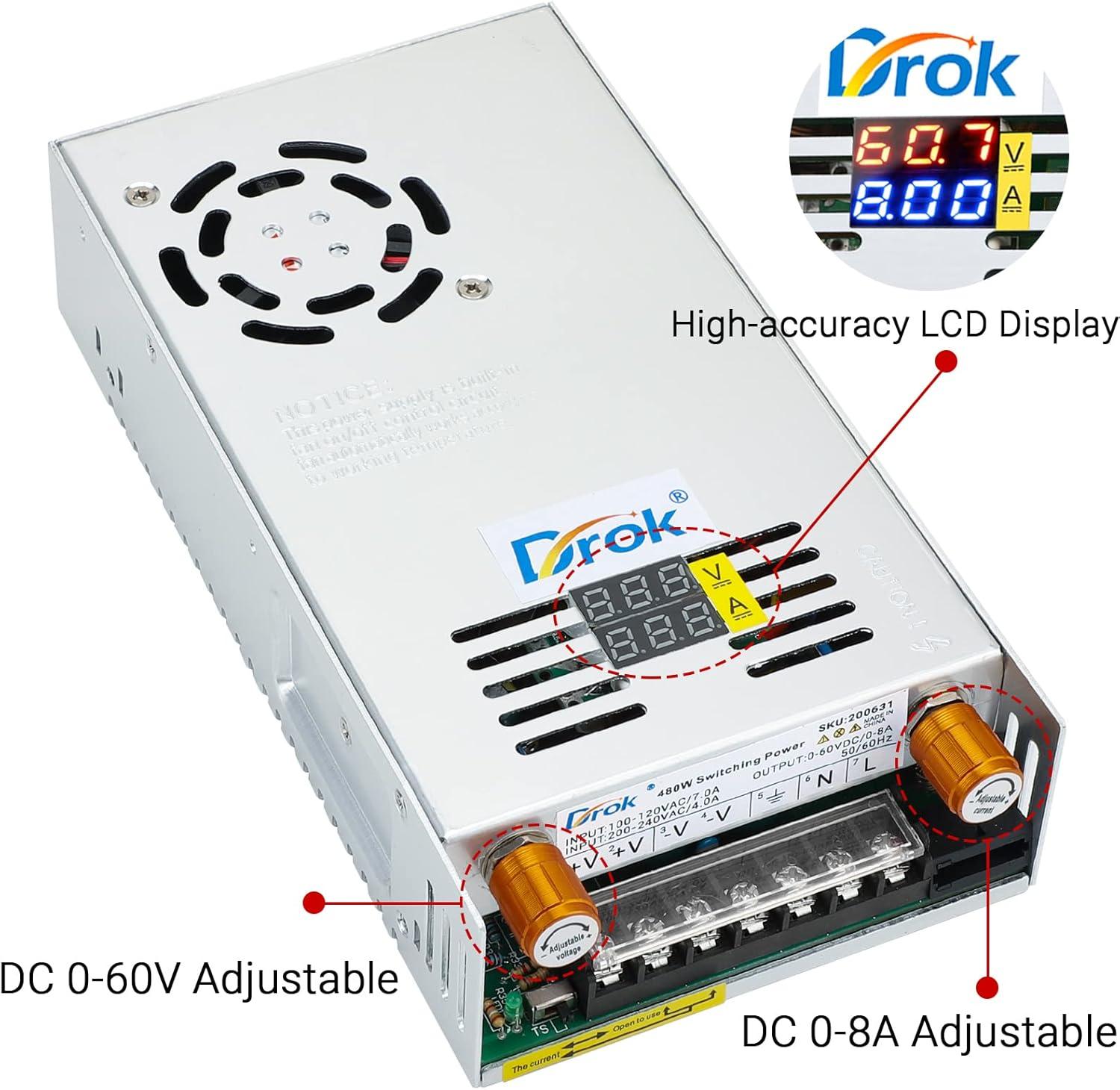 imageDROK 48V Power Supply AC 110V220V to DC 048V 10A 480W Buck Converter Adjustable Variable LED Adapter Regulated 5V 12V 24V 30V 36V 48V Volt Voltage Transformer 10A Amp Charger for Lab CCTVDual Display Current Adjustable