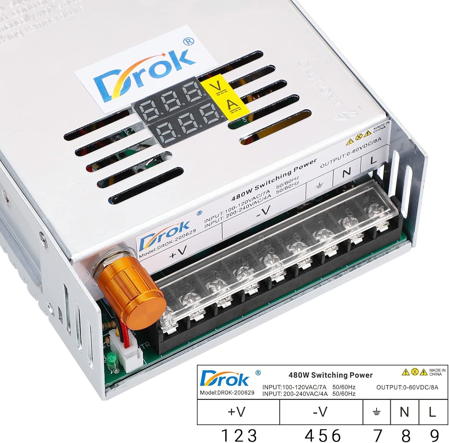 imageDROK 48V Power Supply AC 110V220V to DC 048V 10A 480W Buck Converter Adjustable Variable LED Adapter Regulated 5V 12V 24V 30V 36V 48V Volt Voltage Transformer 10A Amp Charger for Lab CCTVDual Display Fix Current