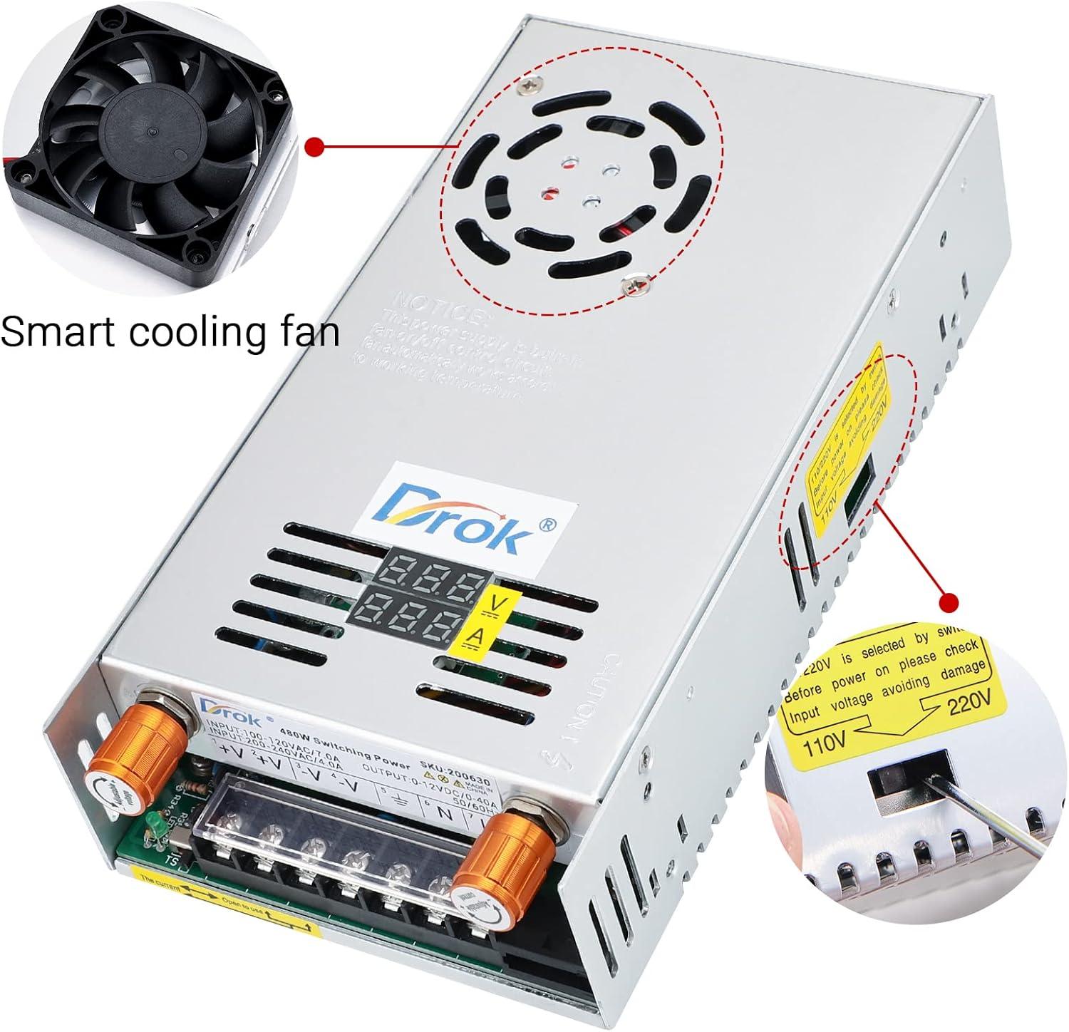 imageDROK 48V Power Supply AC 110V220V to DC 048V 10A 480W Buck Converter Adjustable Variable LED Adapter Regulated 5V 12V 24V 30V 36V 48V Volt Voltage Transformer 10A Amp Charger for Lab CCTVDual Display Current Adjustable