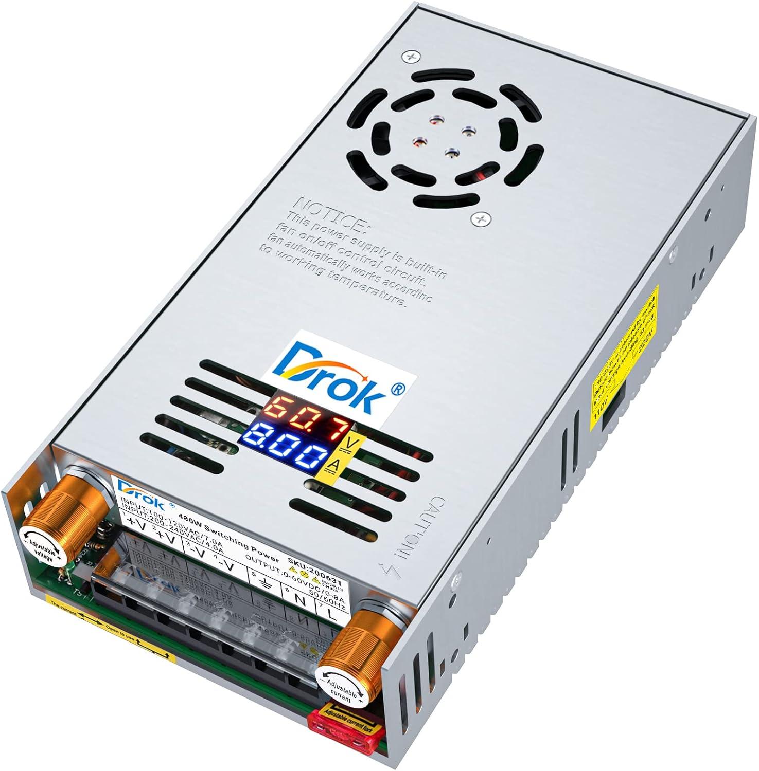 imageDROK 48V Power Supply AC 110V220V to DC 048V 10A 480W Buck Converter Adjustable Variable LED Adapter Regulated 5V 12V 24V 30V 36V 48V Volt Voltage Transformer 10A Amp Charger for Lab CCTVDual Display Current Adjustable
