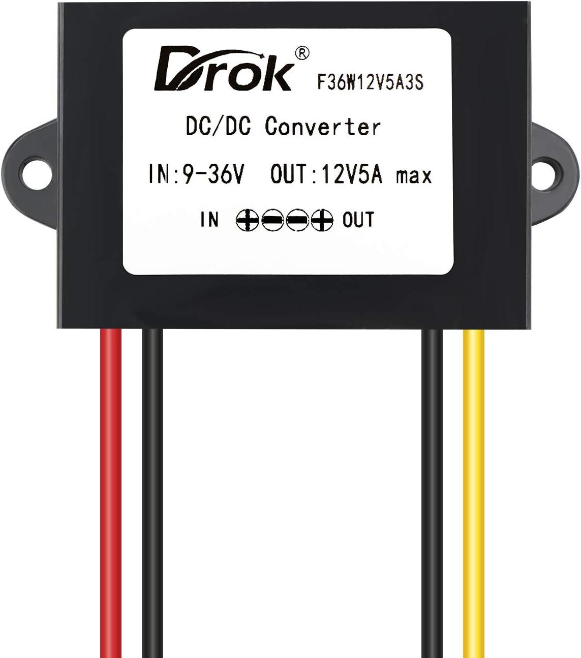 imageDROK Boost Buck Converter 9V36V to 12V 3A 36W Plastic Shell Waterproof Auto Step Up Down Voltage Regulator 12V Volt Transformer for Car Audio Solar Power System LCD Television LED Display ScreenPlastic Shell