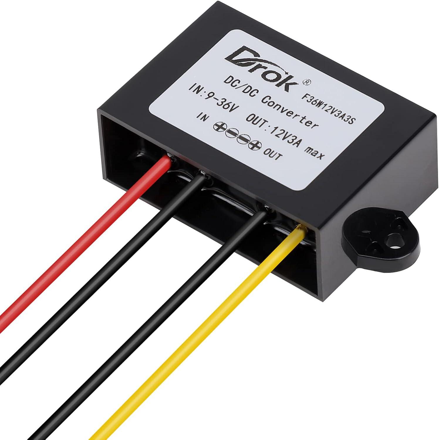 imageDROK Boost Buck Converter 9V36V to 12V 3A 36W Plastic Shell Waterproof Auto Step Up Down Voltage Regulator 12V Volt Transformer for Car Audio Solar Power System LCD Television LED Display ScreenPlastic Shell