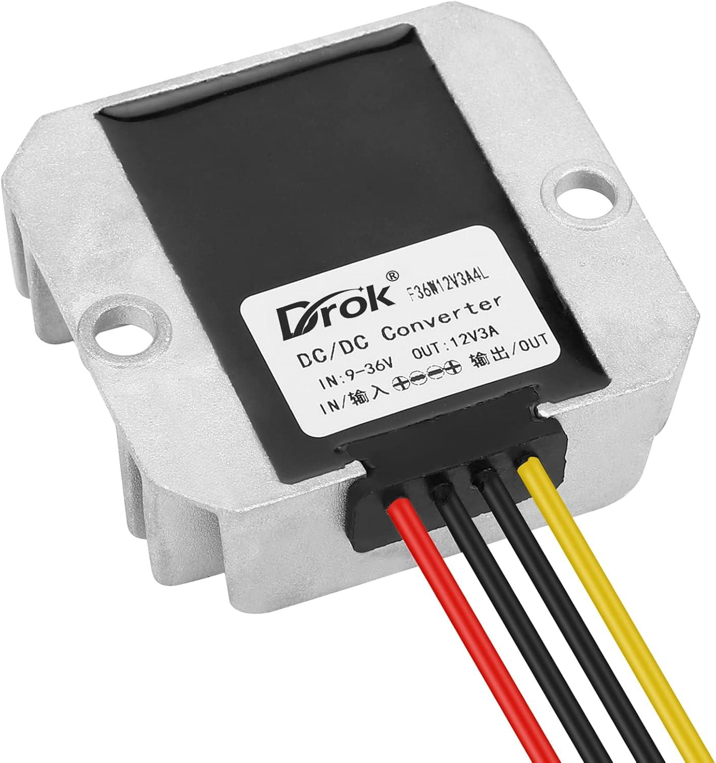 imageDROK Boost Buck Converter 9V36V to 12V 3A 36W Plastic Shell Waterproof Auto Step Up Down Voltage Regulator 12V Volt Transformer for Car Audio Solar Power System LCD Television LED Display ScreenAluminium Shell