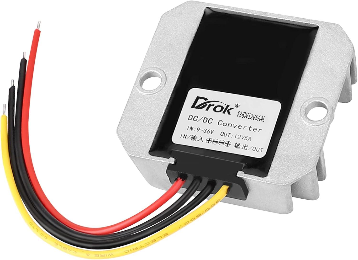 imageDROK Boost Buck Converter 9V36V to 12V 3A 36W Plastic Shell Waterproof Auto Step Up Down Voltage Regulator 12V Volt Transformer for Car Audio Solar Power System LCD Television LED Display ScreenAluminium Shell