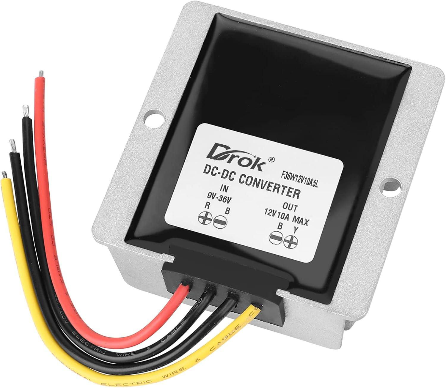 imageDROK Boost Buck Converter 9V36V to 12V 3A 36W Plastic Shell Waterproof Auto Step Up Down Voltage Regulator 12V Volt Transformer for Car Audio Solar Power System LCD Television LED Display ScreenAluminium Shell