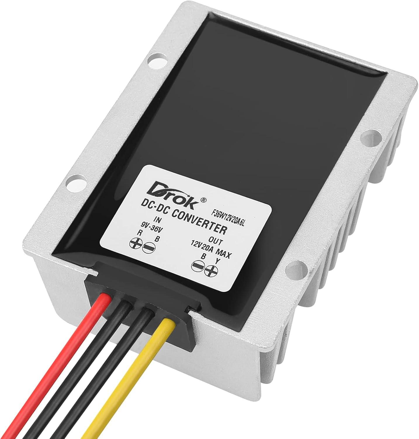 imageDROK Boost Buck Converter 9V36V to 12V 3A 36W Plastic Shell Waterproof Auto Step Up Down Voltage Regulator 12V Volt Transformer for Car Audio Solar Power System LCD Television LED Display ScreenAluminium Shell