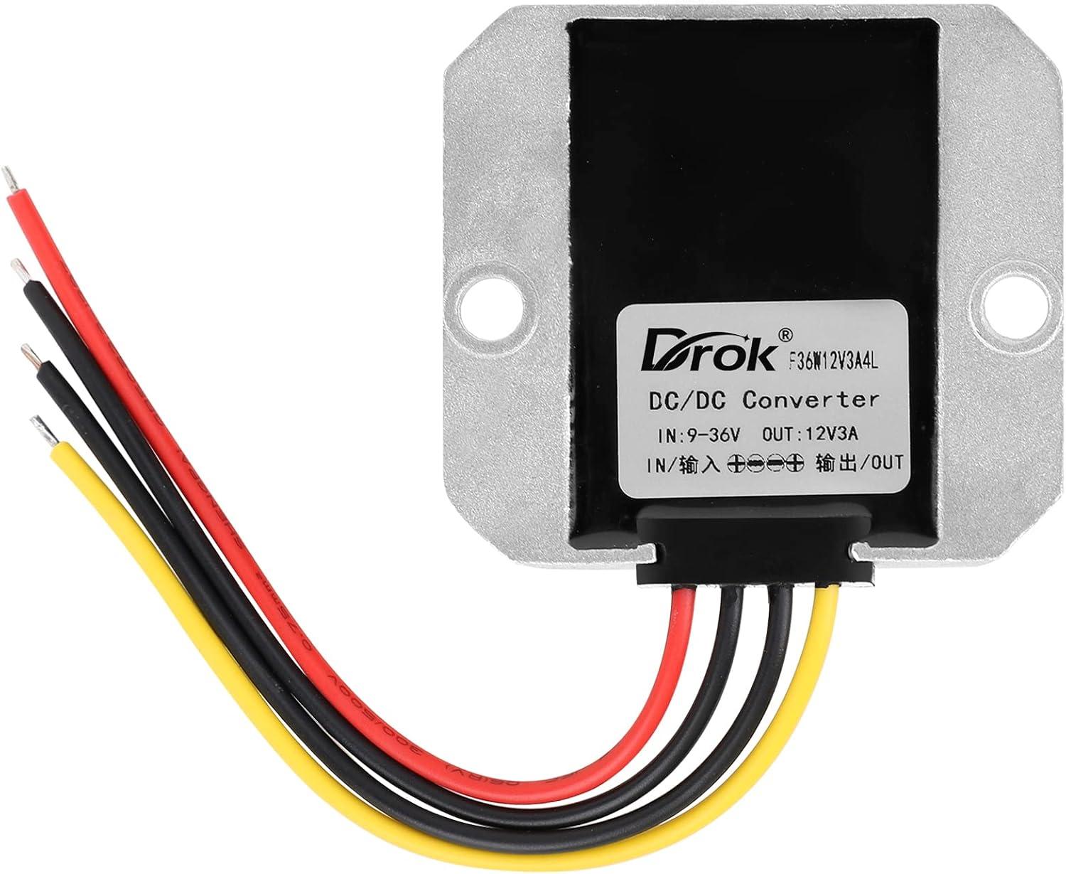 imageDROK Boost Buck Converter 9V36V to 12V 3A 36W Plastic Shell Waterproof Auto Step Up Down Voltage Regulator 12V Volt Transformer for Car Audio Solar Power System LCD Television LED Display ScreenAluminium Shell