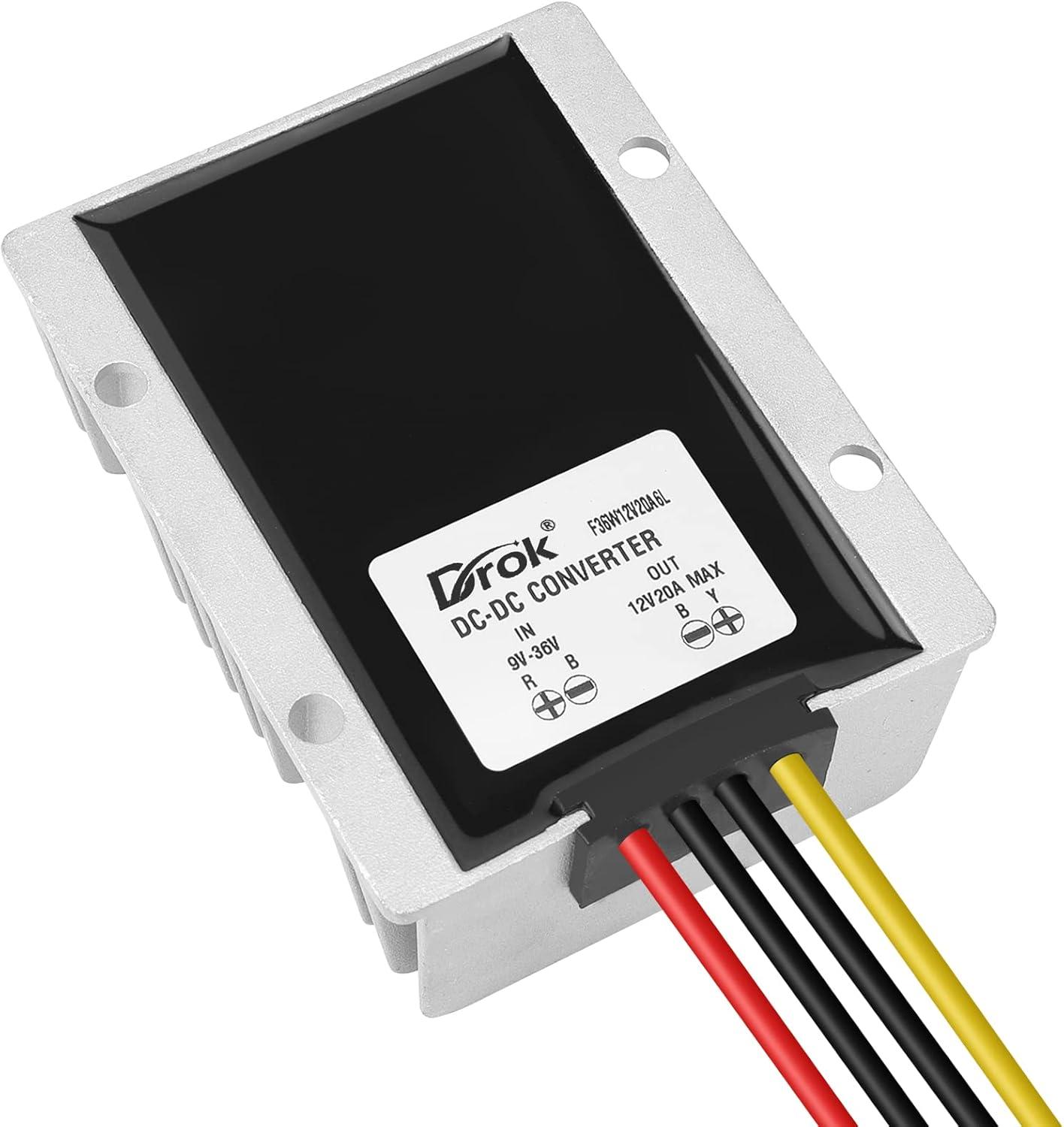 imageDROK Boost Buck Converter 9V36V to 12V 3A 36W Plastic Shell Waterproof Auto Step Up Down Voltage Regulator 12V Volt Transformer for Car Audio Solar Power System LCD Television LED Display ScreenAluminium Shell