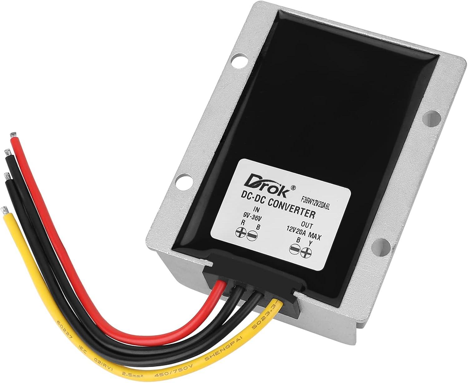 imageDROK Boost Buck Converter 9V36V to 12V 3A 36W Plastic Shell Waterproof Auto Step Up Down Voltage Regulator 12V Volt Transformer for Car Audio Solar Power System LCD Television LED Display ScreenAluminium Shell