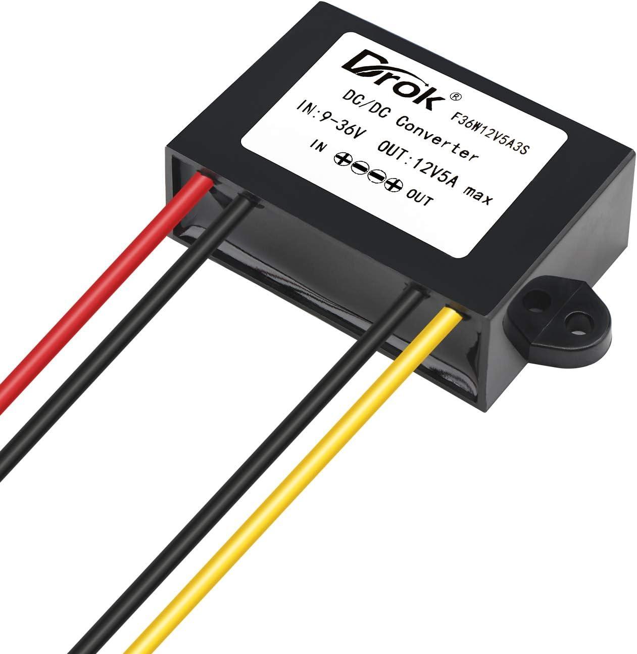 imageDROK Boost Buck Converter 9V36V to 12V 3A 36W Plastic Shell Waterproof Auto Step Up Down Voltage Regulator 12V Volt Transformer for Car Audio Solar Power System LCD Television LED Display ScreenPlastic Shell
