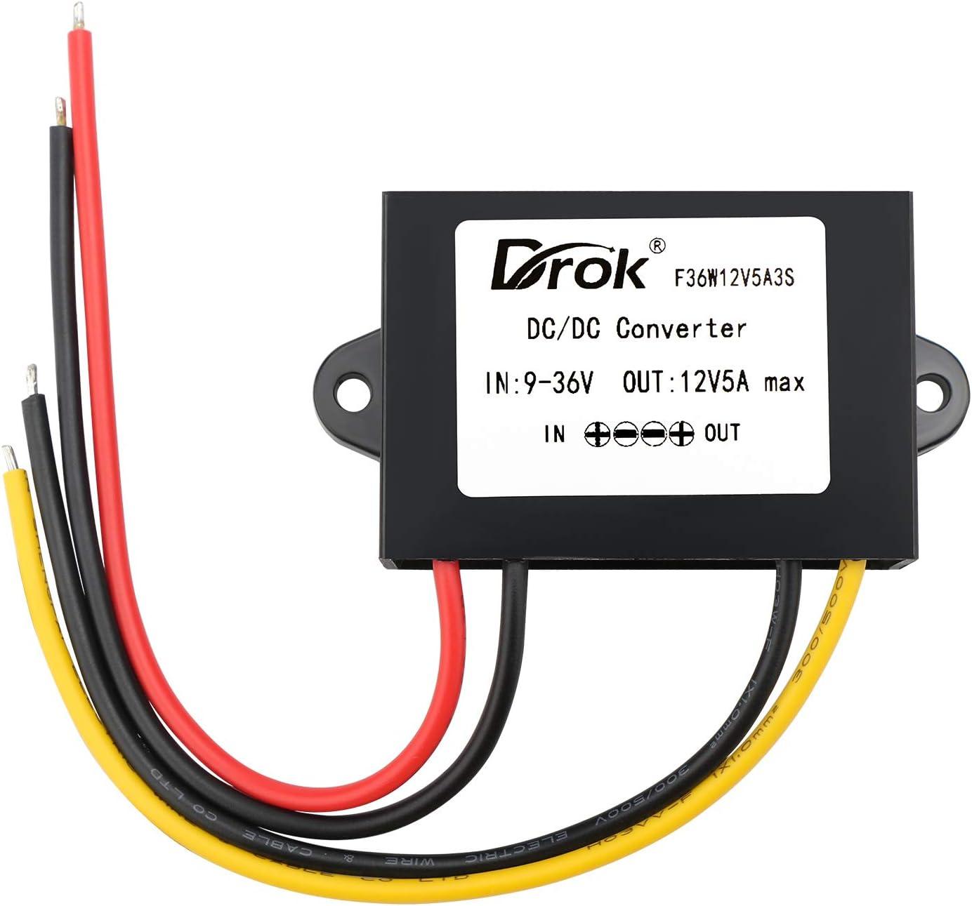 imageDROK Boost Buck Converter 9V36V to 12V 3A 36W Plastic Shell Waterproof Auto Step Up Down Voltage Regulator 12V Volt Transformer for Car Audio Solar Power System LCD Television LED Display ScreenPlastic Shell