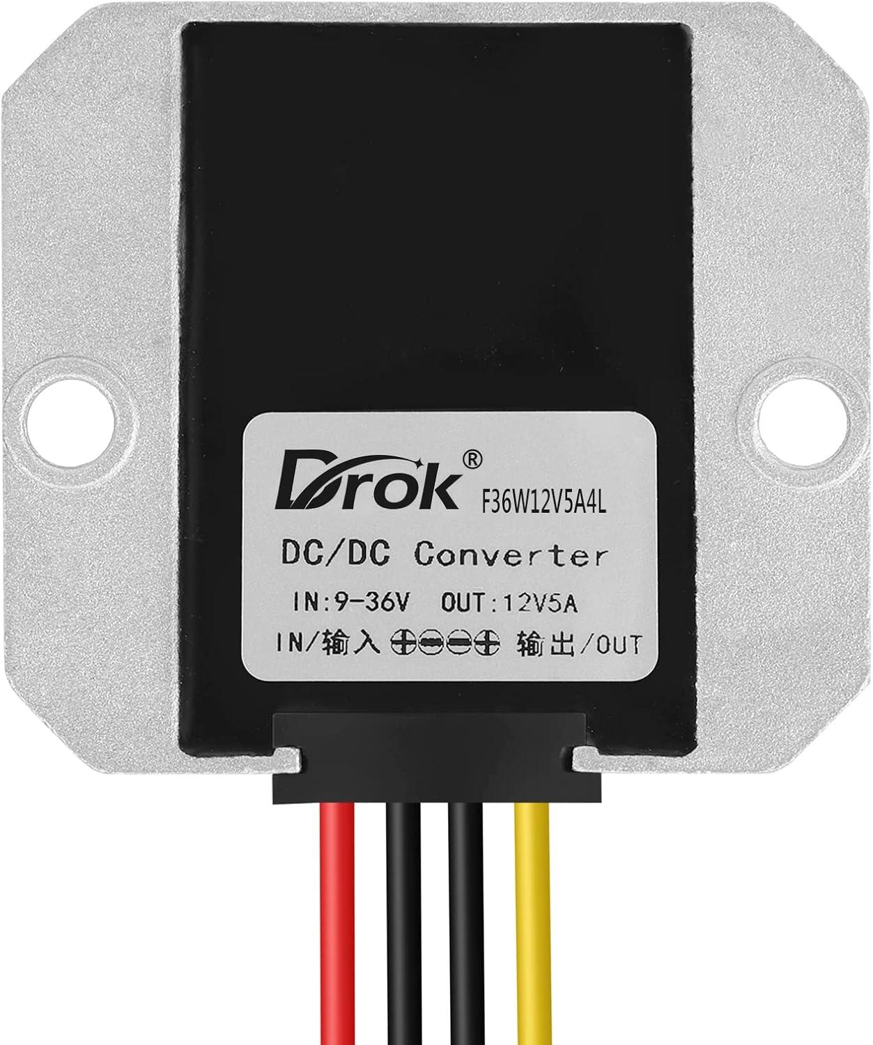 imageDROK Boost Buck Converter 9V36V to 12V 3A 36W Plastic Shell Waterproof Auto Step Up Down Voltage Regulator 12V Volt Transformer for Car Audio Solar Power System LCD Television LED Display ScreenAluminium Shell