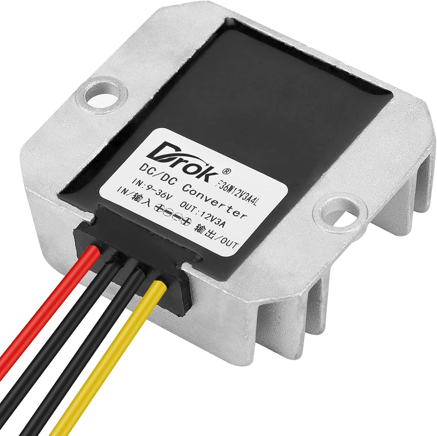 imageDROK Boost Buck Converter 9V36V to 12V 3A 36W Plastic Shell Waterproof Auto Step Up Down Voltage Regulator 12V Volt Transformer for Car Audio Solar Power System LCD Television LED Display ScreenAluminium Shell