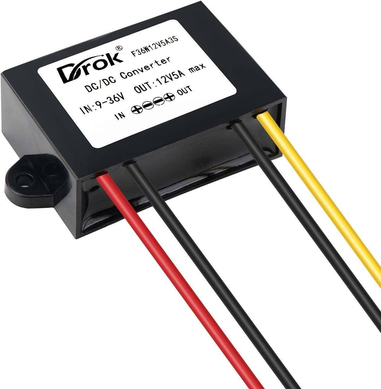 imageDROK Boost Buck Converter 9V36V to 12V 3A 36W Plastic Shell Waterproof Auto Step Up Down Voltage Regulator 12V Volt Transformer for Car Audio Solar Power System LCD Television LED Display ScreenPlastic Shell