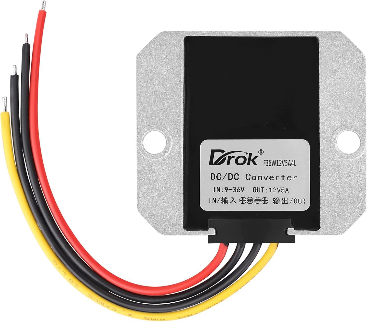 imageDROK Boost Buck Converter 9V36V to 12V 3A 36W Plastic Shell Waterproof Auto Step Up Down Voltage Regulator 12V Volt Transformer for Car Audio Solar Power System LCD Television LED Display ScreenAluminium Shell