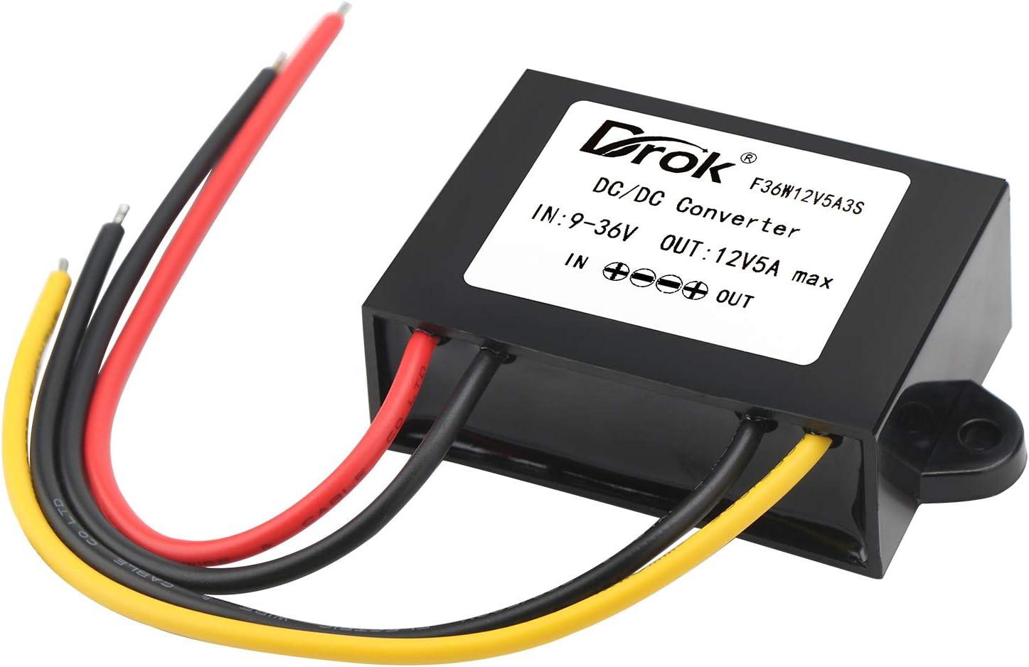 imageDROK Boost Buck Converter 9V36V to 12V 3A 36W Plastic Shell Waterproof Auto Step Up Down Voltage Regulator 12V Volt Transformer for Car Audio Solar Power System LCD Television LED Display ScreenPlastic Shell