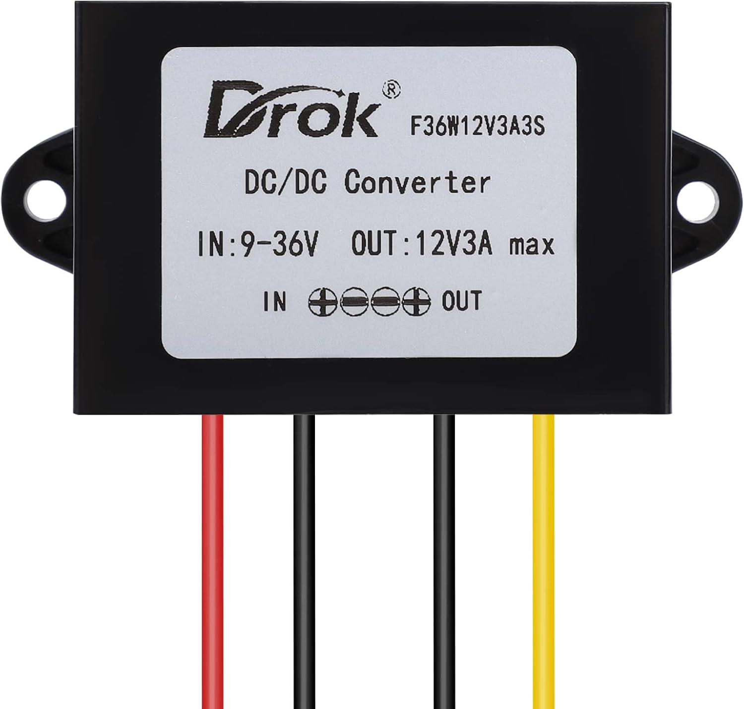 imageDROK Boost Buck Converter 9V36V to 12V 3A 36W Plastic Shell Waterproof Auto Step Up Down Voltage Regulator 12V Volt Transformer for Car Audio Solar Power System LCD Television LED Display ScreenPlastic Shell