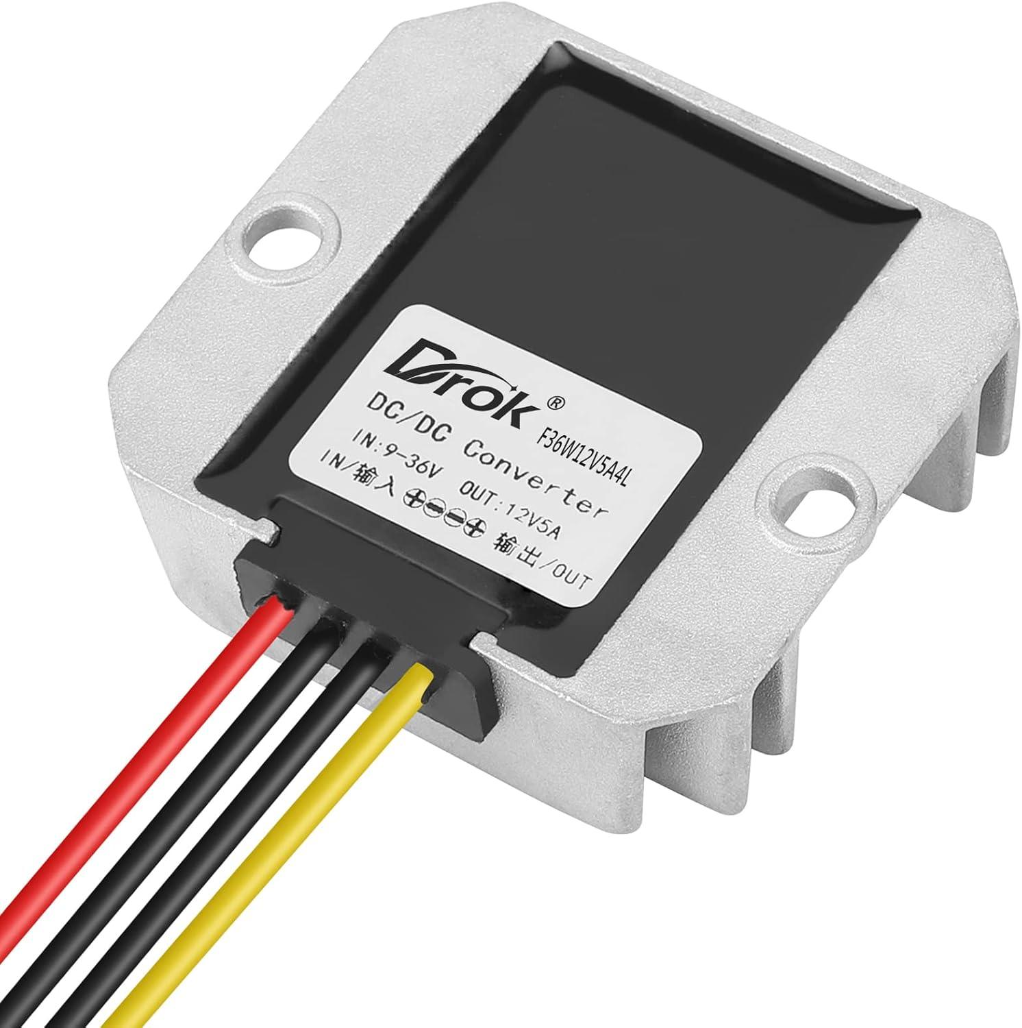 imageDROK Boost Buck Converter 9V36V to 12V 3A 36W Plastic Shell Waterproof Auto Step Up Down Voltage Regulator 12V Volt Transformer for Car Audio Solar Power System LCD Television LED Display ScreenAluminium Shell
